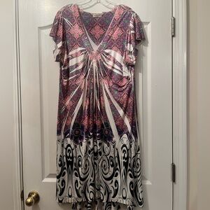 ONE WORLD Pink and Purple Patterned Midi Dress
